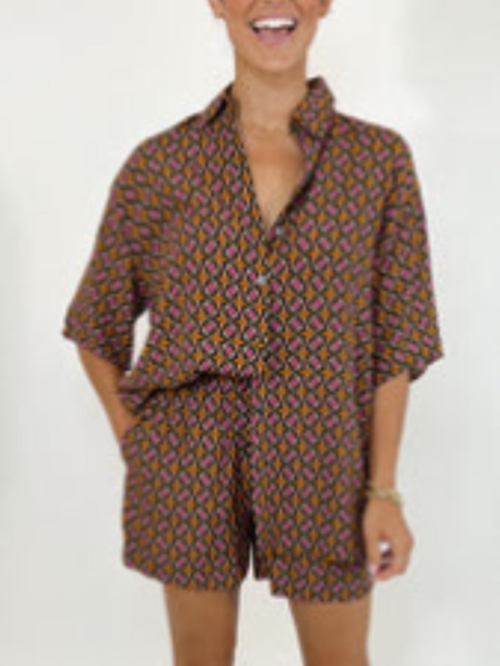 Talulah Davie Mustard & Pink Geometric Printed Top (Set Available), S